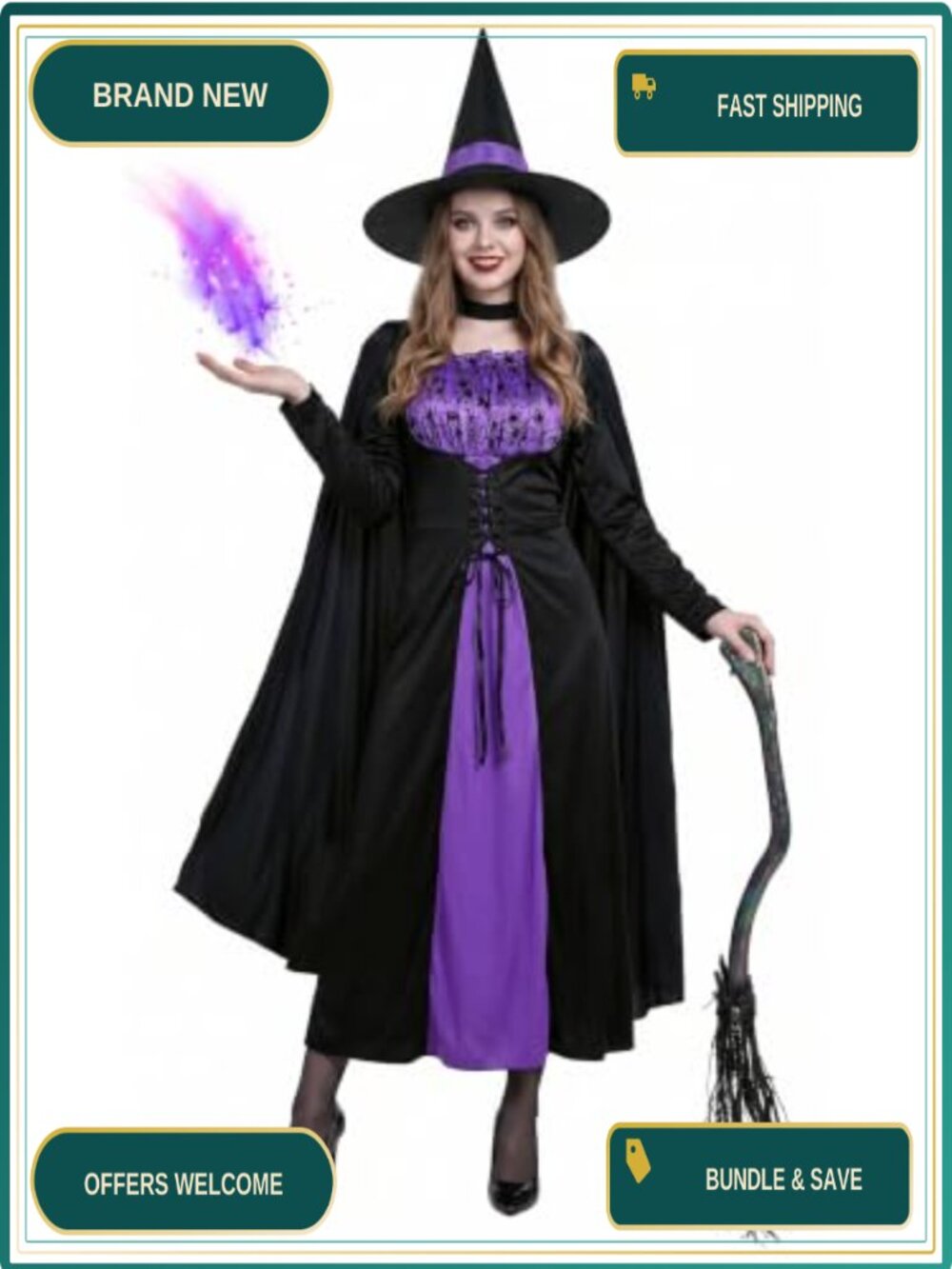 Womens Witch Costume Dress with Witch Hat Gothic Halloween Outfit